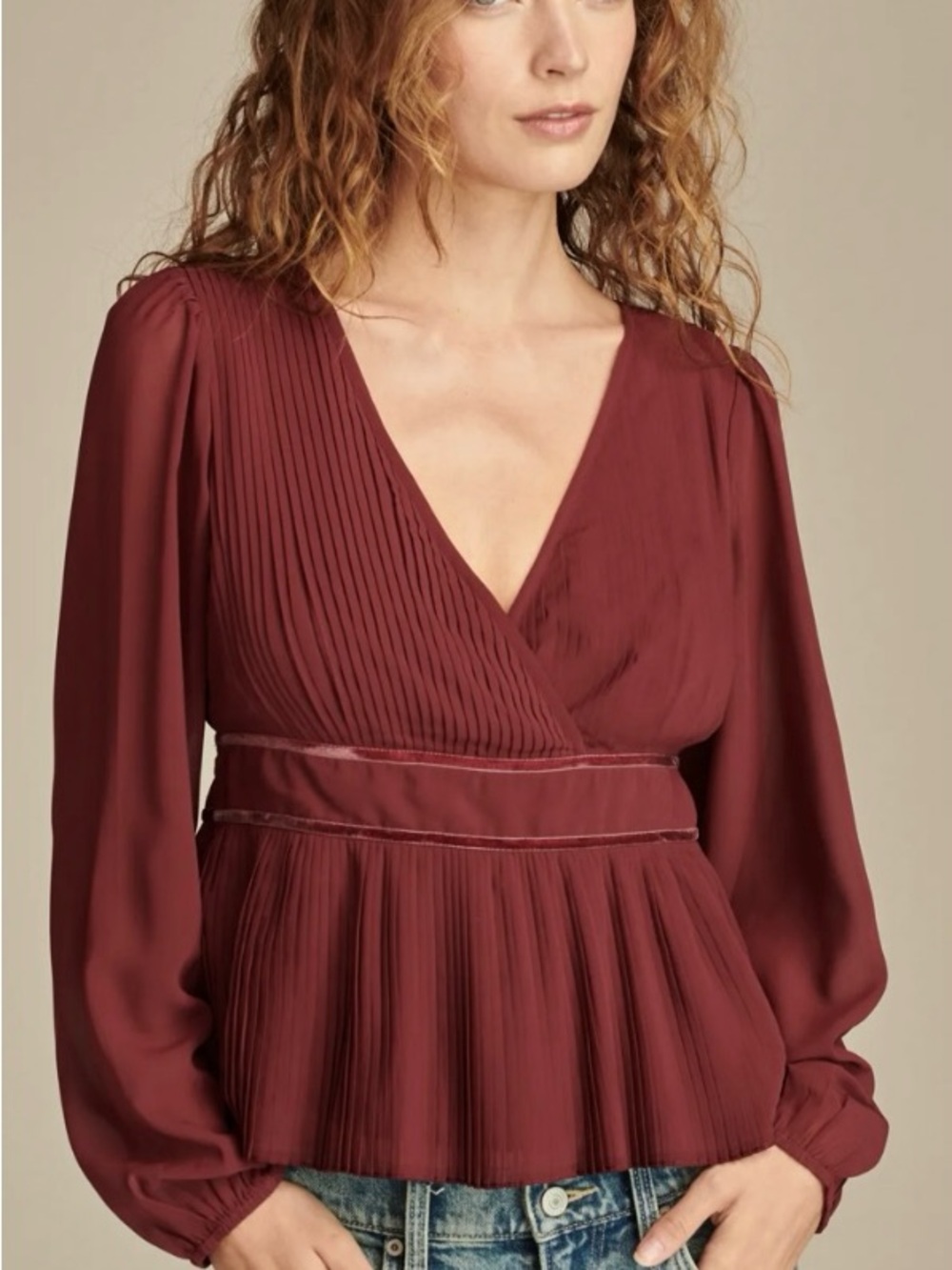 Lucky Brand Burgundy V-Neck Pleated Peplum Blouse
